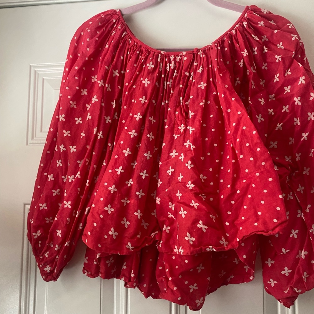 Pink Cropped Balloon Sleeve Floral Blouse